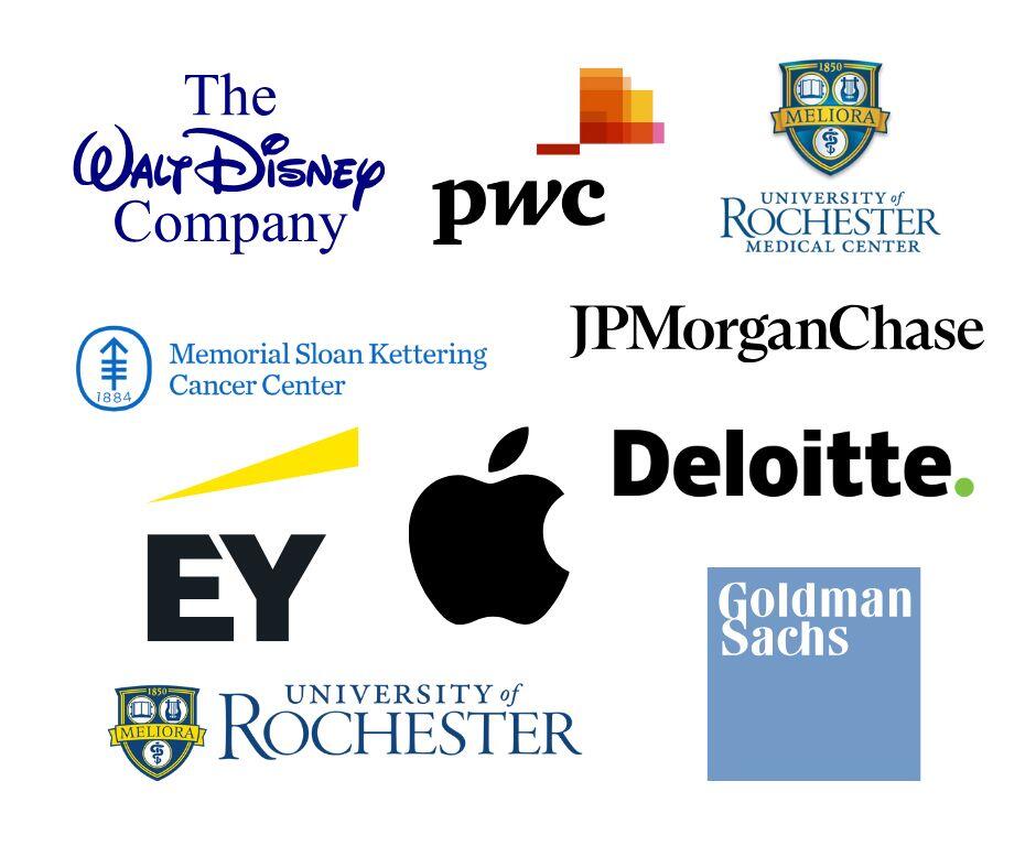 McKinsey &  Company, Goldman Sachs, JPMorgan Chase, Apple, Deloitte, PricewaterhouseCoopers (PwC), Ernst & Young (EY), Memorial Sloan Kettering Cancer Center, The Walt Disney Company, University of Rochester, and URMC.