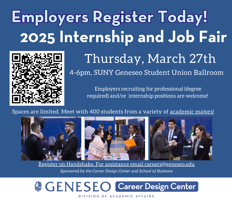 Employers register today for 2025 Internship and Job Fair on March 27 from 4-6pm in Student Union Ballroom. QR code for registration