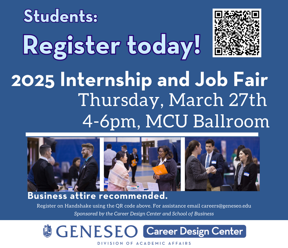 Students register today for 2025 Internship and Job Fair on March 27 from 4-6pm in MCU Ballroom. QR code for registration