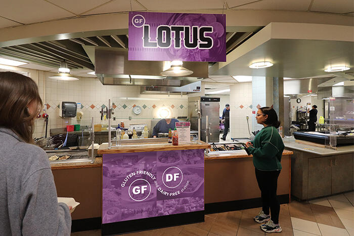 Two students approaching the Gluten-Friendly Lotus station at Mary Jemison Dining Complex.