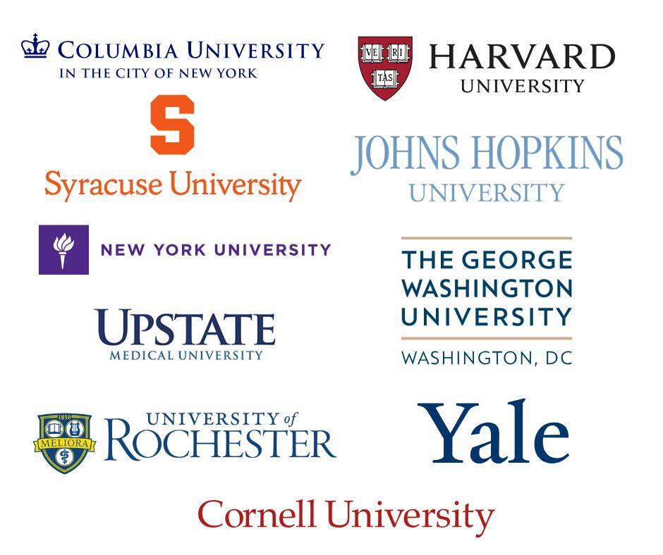 Columbia, Cornell, George Washington, Harvard, Johns Hopkins, New York University, University of Rochester, SUNY Upstate Medical University, Syracuse University, Yale.