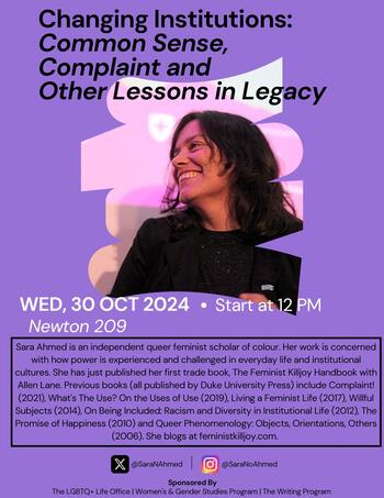 Flyer for Sarah Ahmed Talk; Wednesday, October 30th in Newton 209