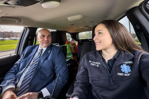 Madison Geddes '24 served as the chief of operations for Geneseo First Response in 2023-2024, and worked with University Police Chief Scott Ewanow '06 for the position. Ewanow serves as GFR board president and is a GFR alum. /Photo by Matt Burkhartt