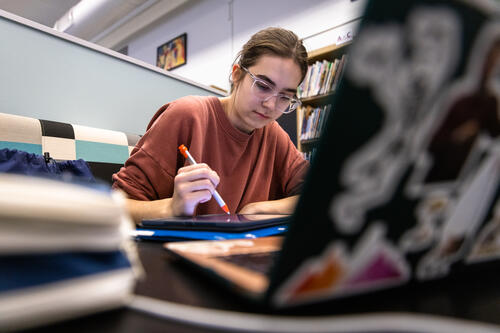 Student Kjersti Mygland '25 studies in Fraser Hall library.