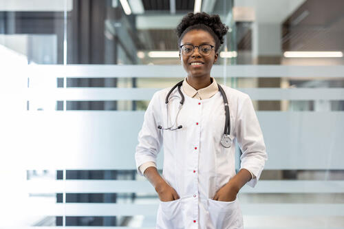 female medical student in lab coat