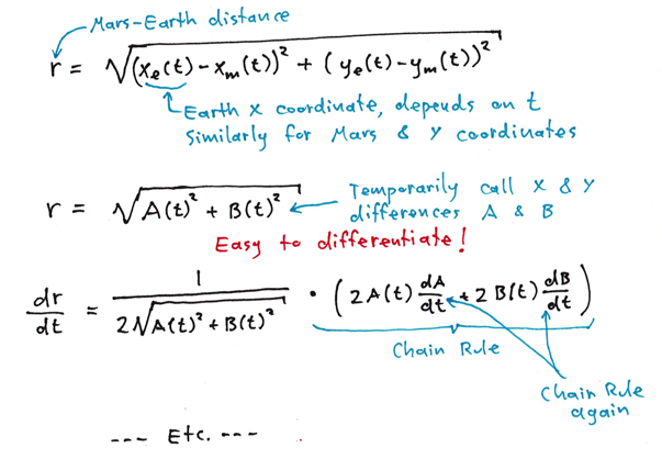 Differentiate distance by temporarily substitution for ugly x-y difference terms