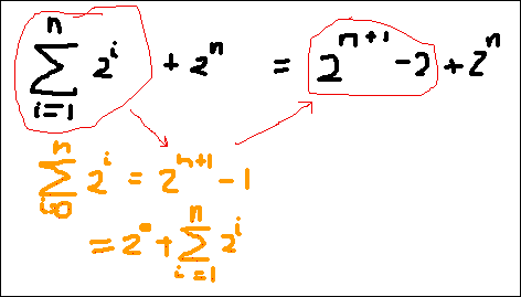 [Sum of 2^1 through 2^n + 2^n Simplifies to 2^(n+1) + 2^n - 2]