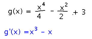 Function x to the fourth over 4 plus x squared over 2 plus 3 has derivative x cubed minus x
