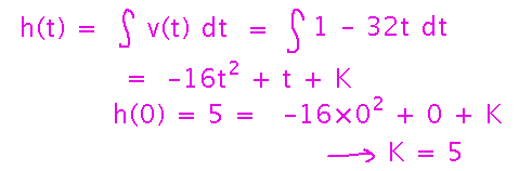 Integrate -32 times t plus 1 and solve for constant that gives initial height of 5