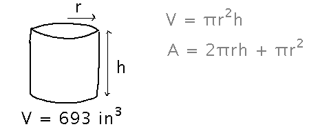 Cylinder with radius r, height h, volume 693
