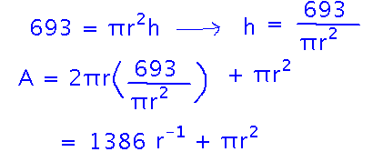 h is 693 over pi r squared; area is 1368 over r plus pi r squared