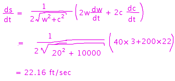 Plugging in w, c, d w, and d c yields d s over d t equals 22.16 feet per second