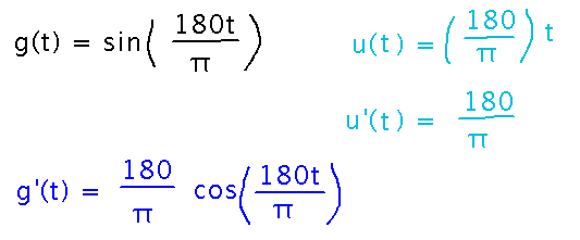 Derivative of 180 t over pi is 180 over pi, so chain rule gives 180 over pi times cosine of 180 t over pi