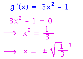 Second derivative is 3 x squared minus 1, so 0 at plus or minus root one third