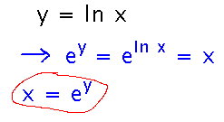 Rewrite y equals ln x as x equals e to the y