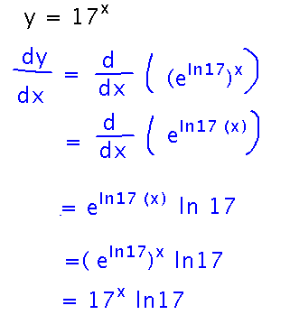 Derivative of 17 to the x is natural logarithm of 17 times 17 to the x