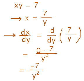 Applying quotient rule to x equals 7 over y yields d x over d y equals minus 7 over y squared