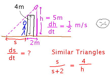 Similar triangles gives s over s plus 2 equals 4 over h