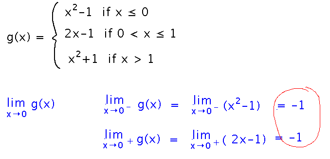 Treat limit at place where piecewise definition changes as 2 1-sided limits