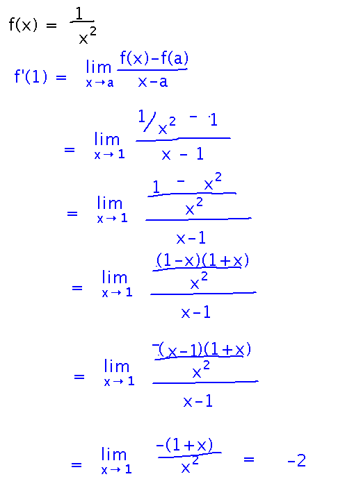 Common denominator and factoring gives limit as x approaches 1 of f of x minus f of 1 all over x minus 1 is -2