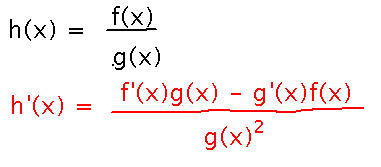 Derivative of f over g is f prime times g minus g prime times f all over g squared