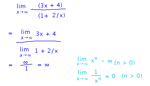 Limits of numerator and denominator use limit laws to become infinity and 1