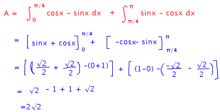 Area is integral from 0 to pi over 4 of cosine minus sine plus integral from pi over 4 to pi of sine minus cosine
