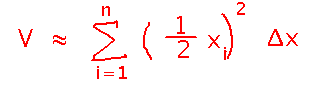 Volume is approximately the sum over n slices of the quantity 1 half x squared times delta x