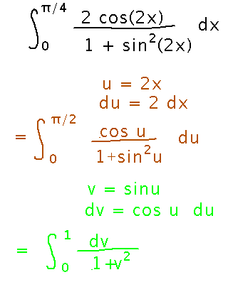Integration using substitution u equals 2 x followed by v equals sine u