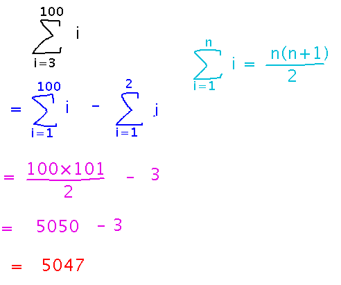 Sum from 3 to 100 is sum from 1 to 100 minus sum from 1 to 2