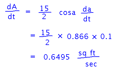 d A d t equals 15 halves times cosine a times d a d t which equals about 0.6495 square feet per second