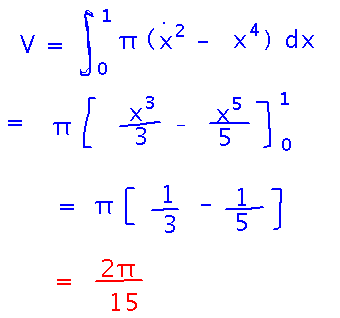 Integral from 0 to 1 of pi times the quantity x squared minus x to the fourth is 2 pi over 15