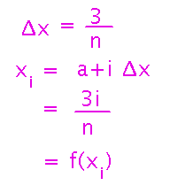 Delta x equals 3 over n; x sub i equals 1 plus 3 i over n; this equals f of x sub i