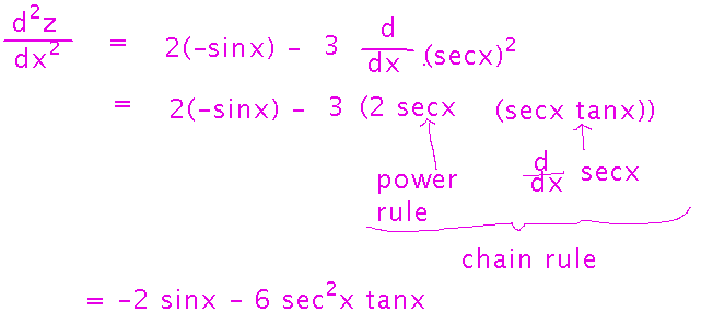 Differentiating 2 cosine x minus 3 secant squared x via the chain rule among other rules