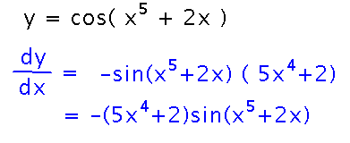 Using the chain rule on cosine of x to the 5th plus 2x
