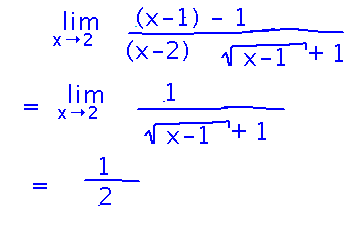 Limit as x goes to 2 of 1 / (sqrt(x-1)+1) = 1/2