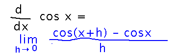 Derivative of cosine is limit as h approaches 0 of cos(x+h) minus cos x all over h