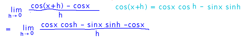 cos(x+h) = cos x times cos h minus sin x times sin h