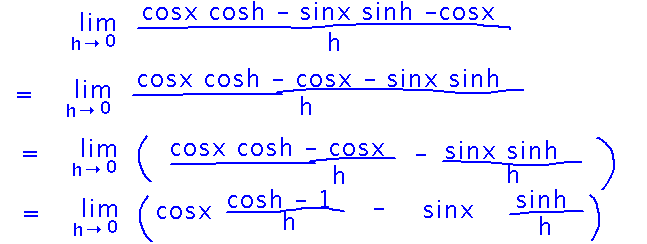 Limit of cos x times cos h - 1 over h, minus sin x times sin h over h 