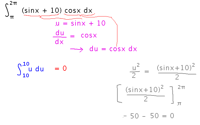 Definite integral of sine x plus 10 all times cosine x both with and without changing bounds