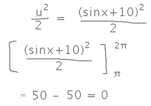 Sine x plus 10 all squared and over 2 evaluated from pi to 2 pi simplifies to 0