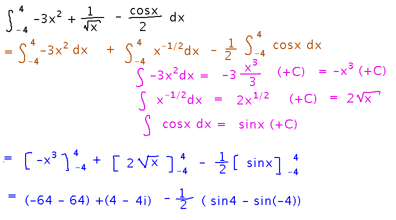 Evaluating integral from minus 4 to 4 of minus 3 x squared plus 1 over square root of x minus cosine x over 2