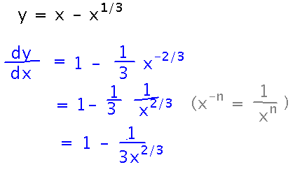 Derivative of x minus x to the 1 third is 1 minus 1 over 3 x to the two thirds