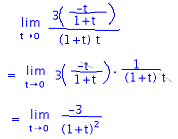 Cancelling -t in numerator and t in denominator leaves -3/(1+t)^2