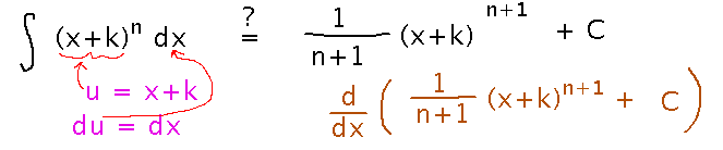 Integral of x plus k all to the n maybe equals 1 over n plus 1 times x plus k to the n plus 1