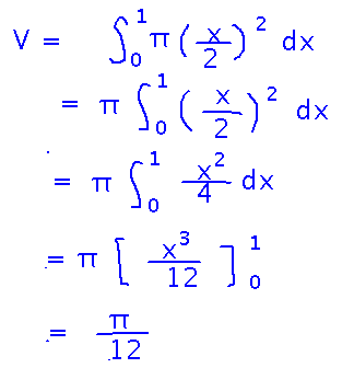 Integral from 0 to 1 of pi times quantity x over 2 squared is pi over 12