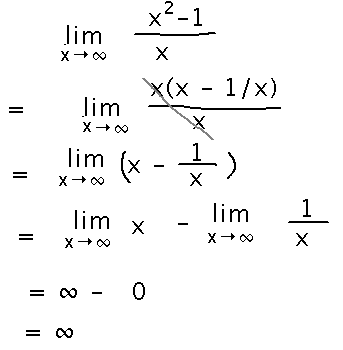 Limit of x squared minus 1 over x simplifies to limit of x minus 1 over x which is infinity