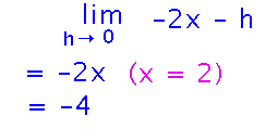 Limit of -2x - h becomes -2x, or -4 when x = 2