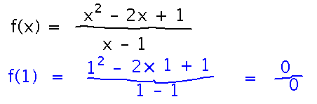 Replacing x with 1 in definition of f(x) gives numerator and denominator of 0