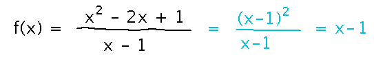 Numerator in f(x) factors to (x-1)^2, which cancels the x-1 in denominator